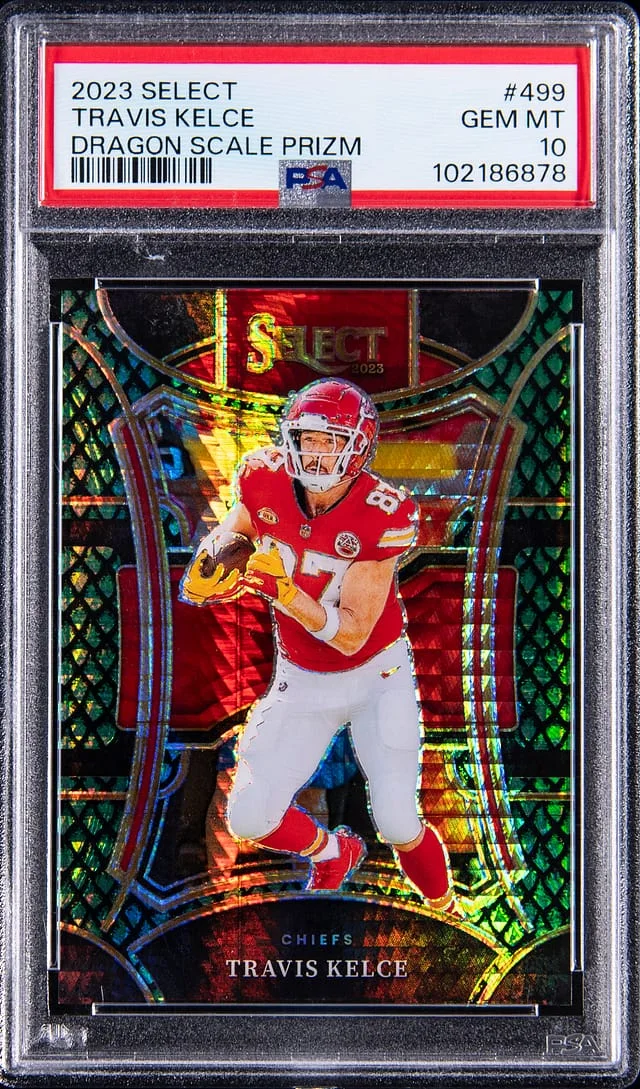 2023 Panini Select Travis Kelce Dragon Scale Prizm #499 card image