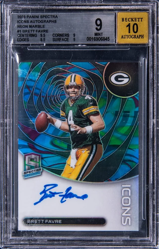 2023 Panini Spectra Brett Favre Icons Autograph Neon Marble #1 card image
