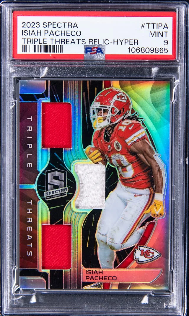 2023 Panini Spectra Isiah Pacheco Triple Threats Relics Hyper #TT-IPA card image