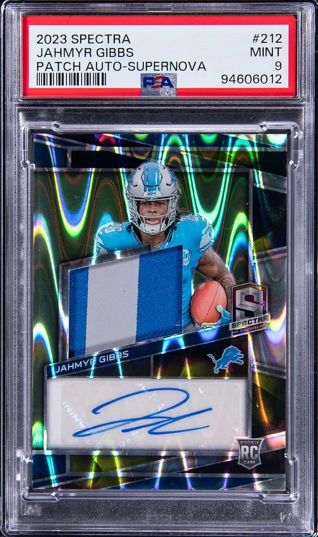 2023 Panini Spectra Jahmyr Gibbs Patch Autograph (RPA) Supernova #212 card image