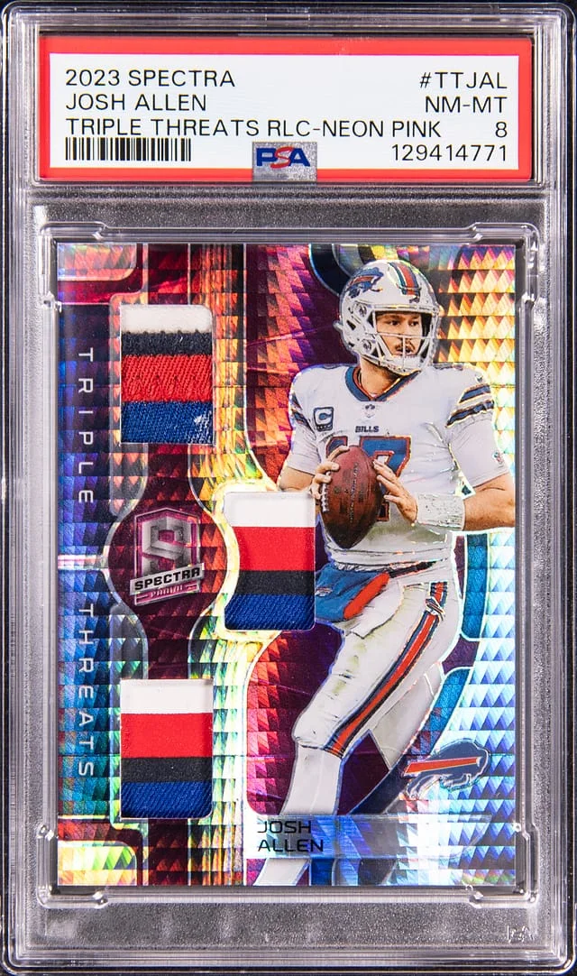 2023 Panini Spectra Josh Allen Triple Threats Relics Neon Pink #TT-JAL card image