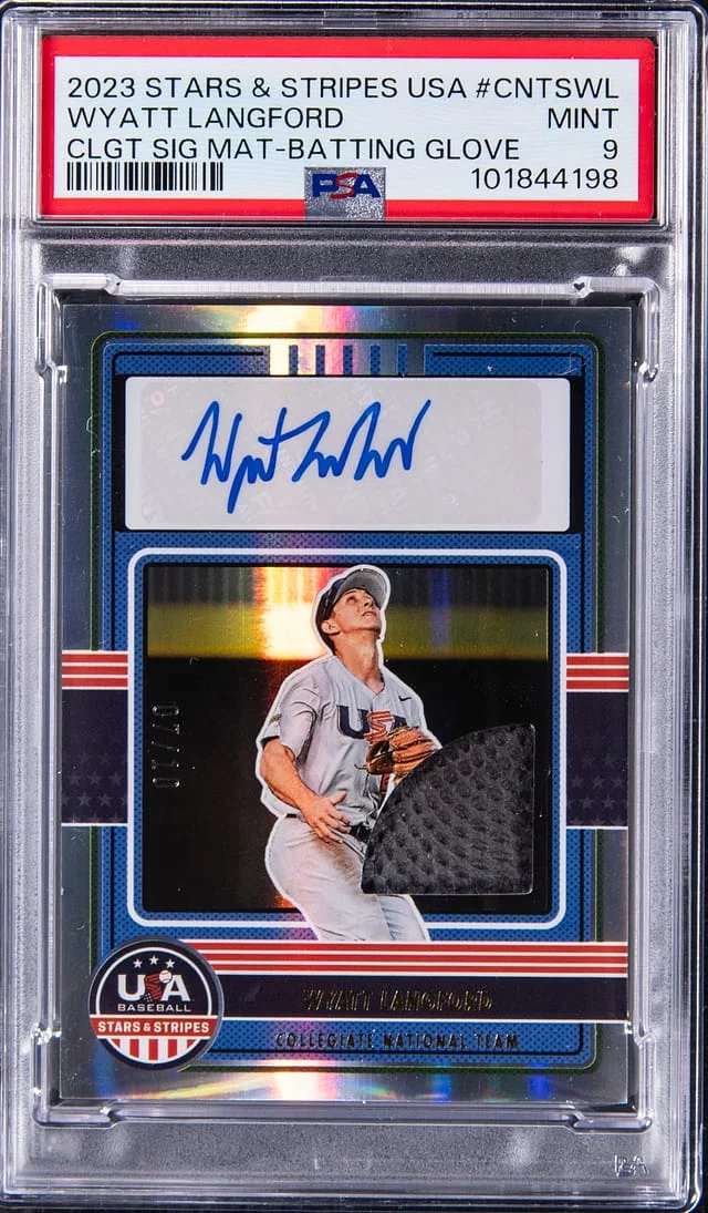 2023 Panini Wyatt Langford Stars & Stripes USA Baseball Collegiate National Team Signatures Materials Batting Glove #CNTS-WL card image