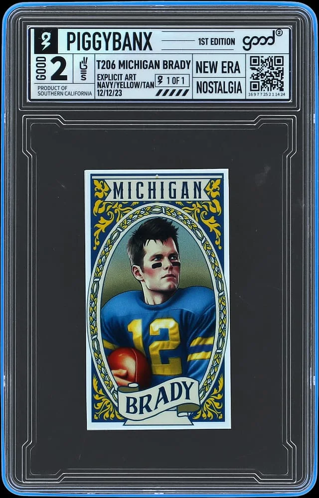 2023 PiggyBanx Good 2 Michigan Brady Navy/Yellow/Tan Refractor - PiggyBanx Encapsulated - With Original Box #T206 card image