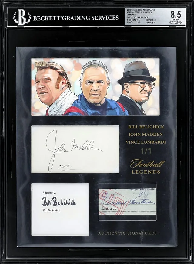 2023 The Bar Cut Autographs 8x10 Gold Bar Artwork Bill Belichick/John Madden/Vince Lombardi Multi-Signed #BAR-140 card image