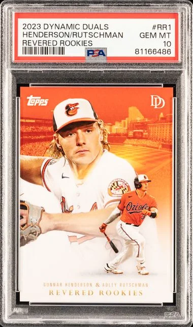 2023 Topps Adley Rutschman/Gunnar Henderson Dynamic Duals Revered Rookies #RR-1 card image
