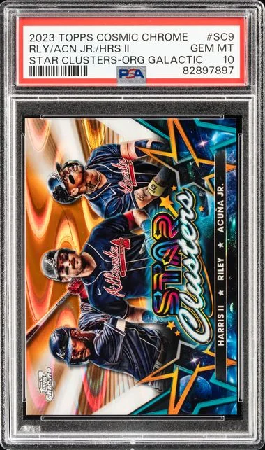 2023 Topps Austin Riley/Michael Harris Ii/Ronald Acuna Jr. Cosmic Chrome Star Clusters Orange Galactic #SC9 card image