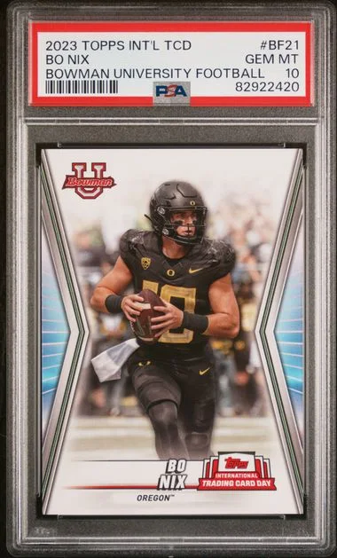 2023 Topps Bo Nix International Trading Card Day Bowman University Football #BF21 card image