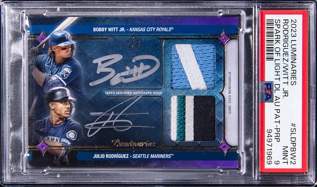 2023 Topps Bobby Witt Jr./Julio Rodriguez Luminaries Spark Of Light Dual Autograph Patch Purple #SLDP-BW2 card image