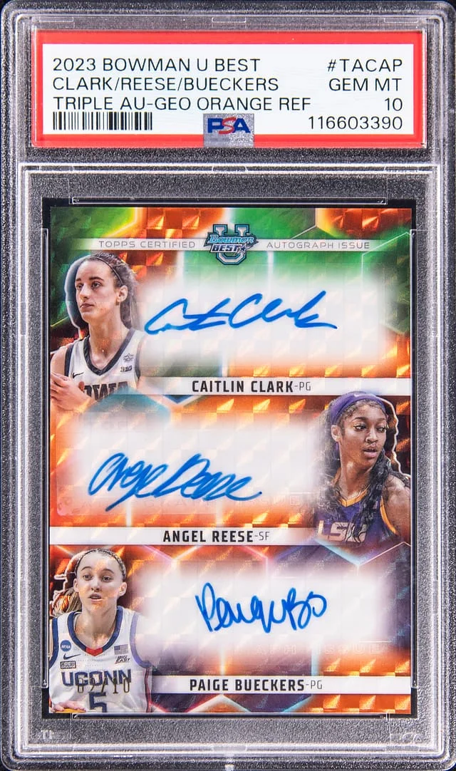 2023 Topps Caitlin Clark/Angel Resse/Paige Bueckers Multi-Signed Bowman University Best Triple Autograph Geo Orange Refractor #TA-CAP card image