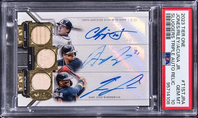 2023 Topps Chipper Jones/Austin Riley/Ronald Acuna Jr. Tier One Sluggers Triple Auto Relic #T1ST-JRA card image