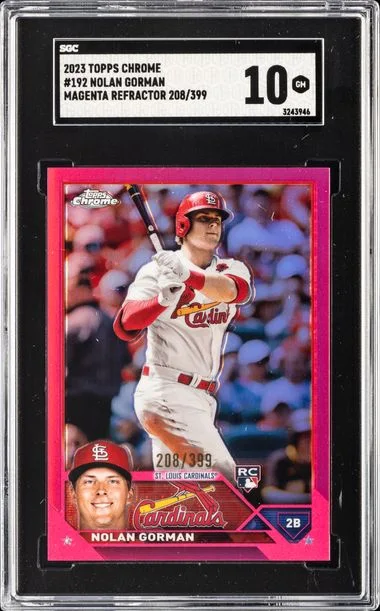 2023 Topps Chrome 192 Nolan Gorman Magenta Refractor #208/399 card image
