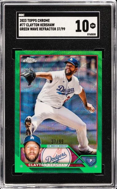 2023 Topps Chrome 77 Clayton Kershaw Green Wave #37/99 card image