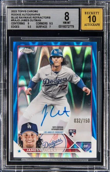 2023 Topps Chrome Autographs Blue Raywave Refractors Rajo James Outman #no-number card image
