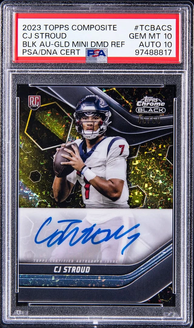 2023 Topps Chrome Black CJ Stroud Composite Black Autograph Gold Mini Diamond Refractor #TCBA-CS card image