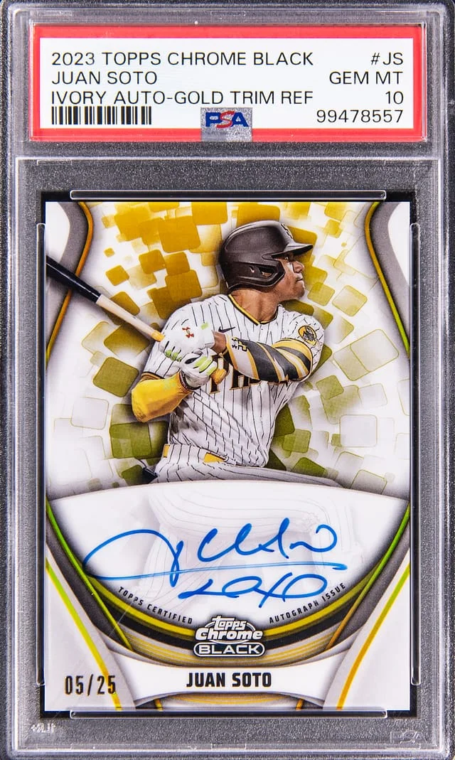 2023 Topps Chrome Black Juan Soto Ivory Autograph Gold Trim Refractor #WCA-JS card image