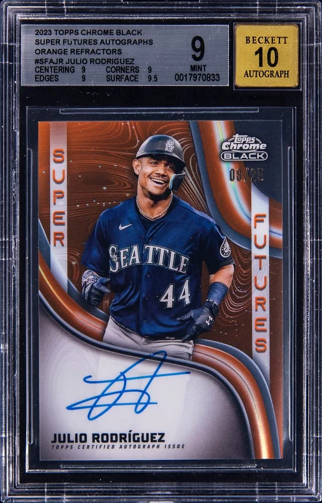 2023 Topps Chrome Black Julio Rodriguez Super Futures Autograph Orange Refractor #SFA-JR card image
