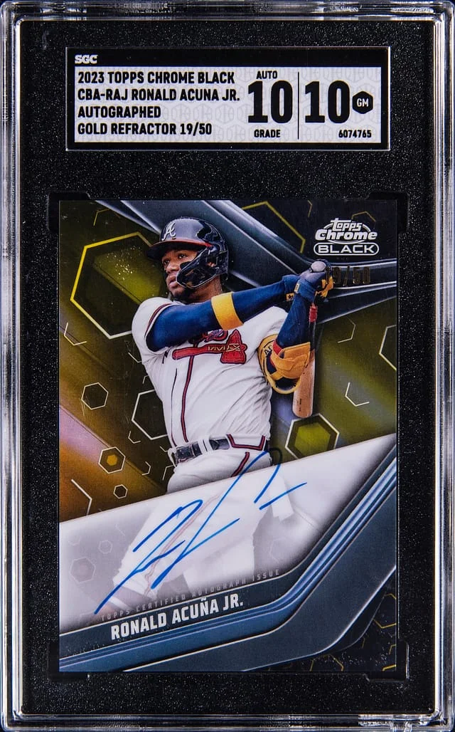 2023 Topps Chrome Black Ronald Acuna Jr. Autographed Gold Refractor #CBA-RAJ card image
