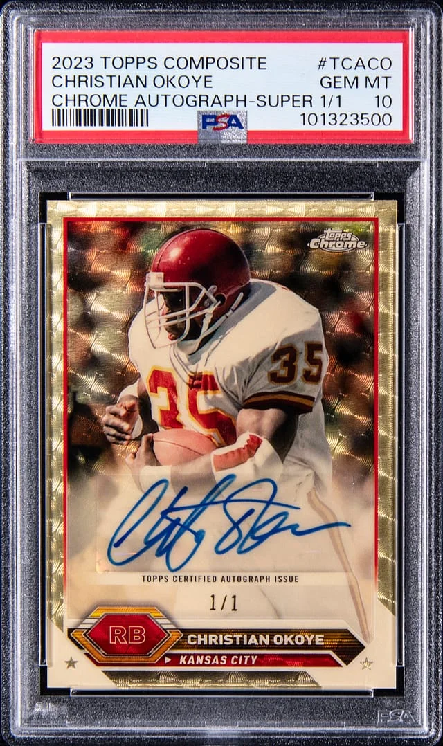 2023 Topps Chrome Christian Okoye Composite Autograph SuperFractor #TCA-CO card image