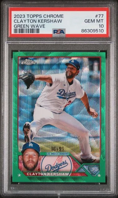 2023 Topps Chrome Clayton Kershaw Green Wave #77 card image