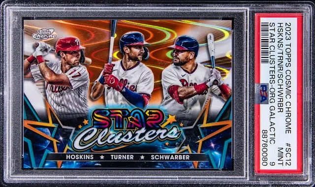 2023 Topps Chrome Cosmic Rhys Hoskins/Trea Turner/Kyle Schwarber Star Clusters Orange Galactic #SC12 card image