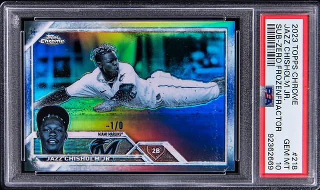 2023 Topps Chrome Jazz Chisholm Jr. (#-1/0) Sub Zero Frozenfractor #218 card image