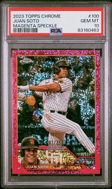 2023 Topps Chrome Juan Soto Magenta Speckle #100 card image