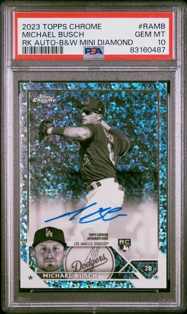 2023 Topps Chrome Michael Busch Autograph Black & White Mini Diamond #RAMB card image