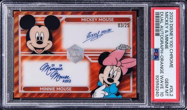 2023 Topps Chrome Mickey Mouse/Minnie Mouse Disney100 Dual Autographs Orange Wave Refractor #DL-2 card image