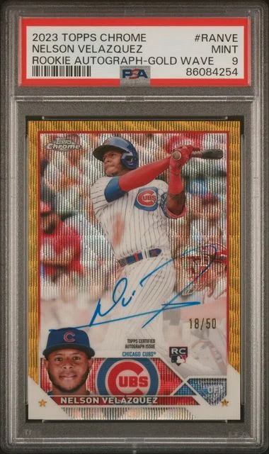 2023 Topps Chrome Nelson Velazquez Autograph Gold Wave #RA-NVE card image
