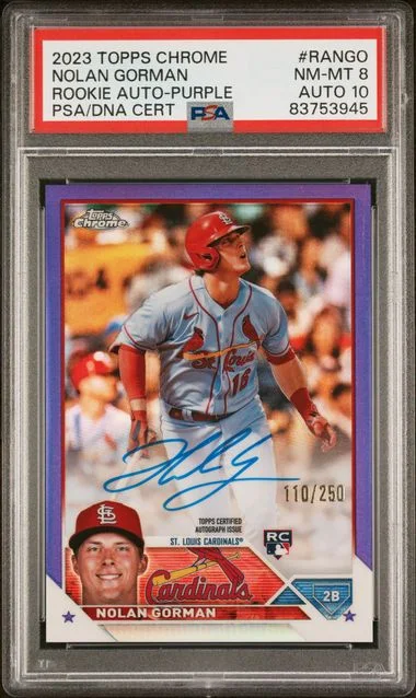 2023 Topps Chrome Nolan Gorman Autograph Purple #RA-NGO card image