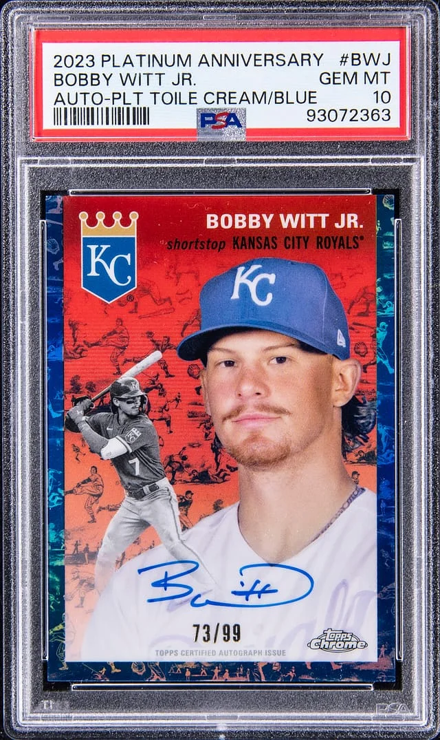 2023 Topps Chrome Platinum Anniversary Bobby Witt Jr Autograph Platinum Toile Cream/Blue #CPA-BWJ card image