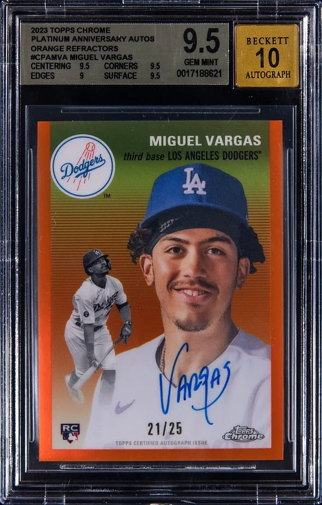 2023 Topps Chrome Platinum Anniversary Miguel Vargas Autographs Orange Refractors #CPA-MVA card image