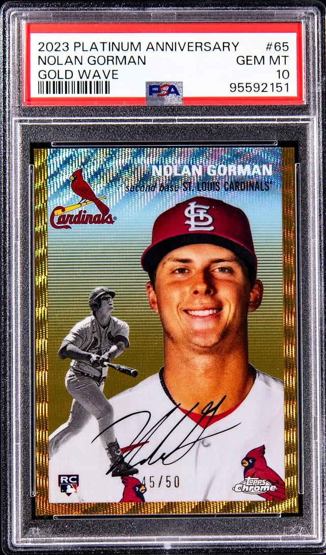 2023 Topps Chrome Platinum Anniversary Nolan Gorman (45/50) Gold Wave #65 card image