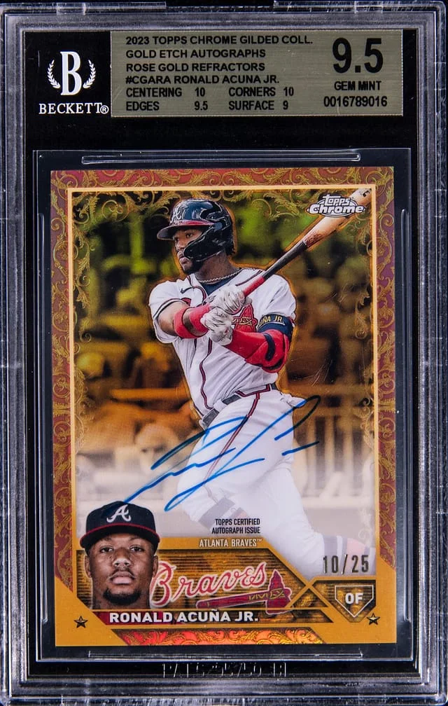 2023 Topps Chrome Ronald Acuna Jr Gilded Collection Gold Etch Autograph Rose Gold Refractor #CGARA card image
