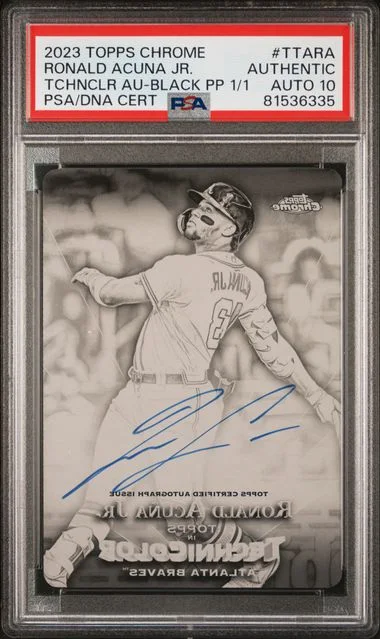 2023 Topps Chrome Ronald Acuna Jr. Topps In Technicolor Autograph Black Printing Plate #TTA-RA card image