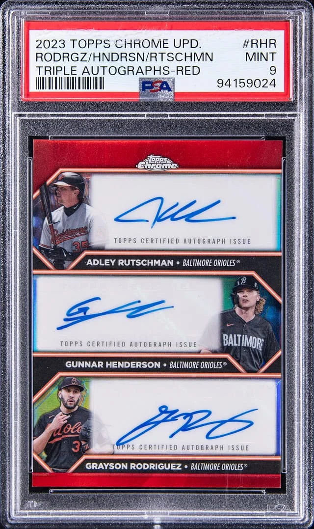 2023 Topps Chrome Update Adley Rutschman/Gunnar Henderson/Grayson Rodriguez Multi-Signed Triple Autographs Red #RHR card image