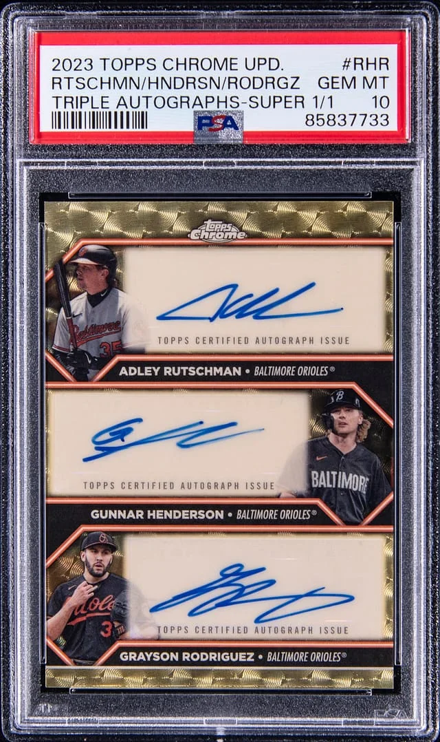 2023 Topps Chrome Update Adley Rutschman/Gunnar Henderson/Grayson Rodriguez Multi-Signed Triple Autographs SuperFractor #TA-RHR card image