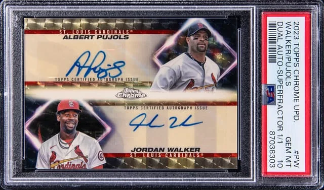2023 Topps Chrome Update Albert Pujols/Jordan Walker Dual Autographs Superfractor 1/1 #PW card image