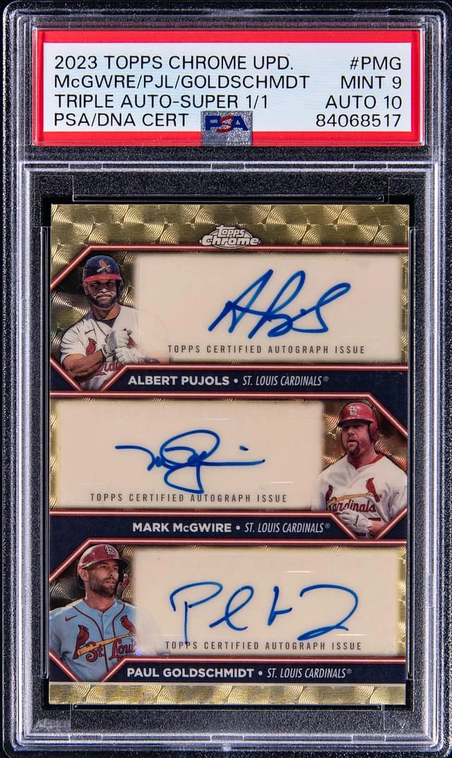 2023 Topps Chrome Update Albert Pujols/Mark McGwire/Paul Goldschmidt Multi-Signed Triple Autographs Superfractor #TA-PMG card image