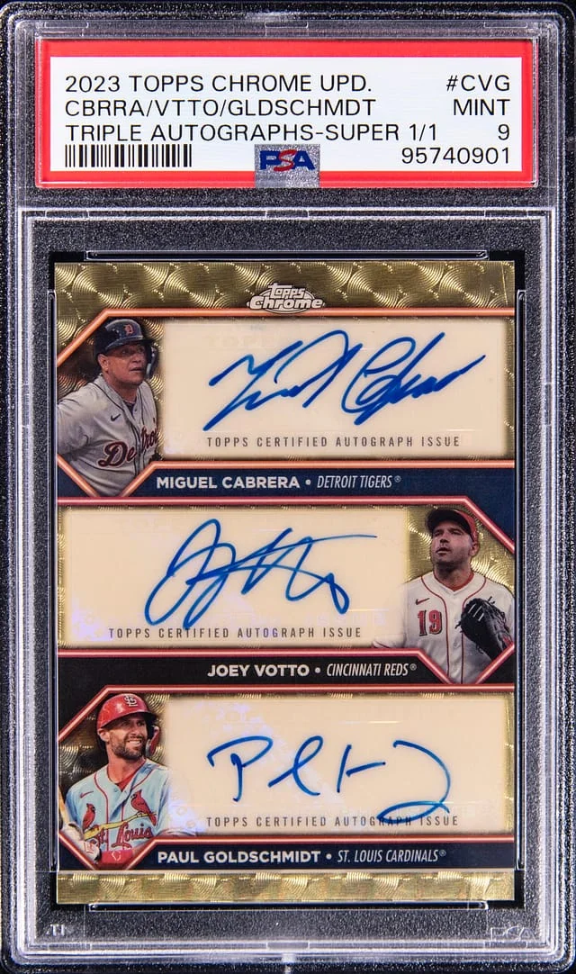 2023 Topps Chrome Update Miguel Cabrera/Joey Votto/Paul Goldschmidt Multi-Signed Triple Autograph Superfractor #CVG card image
