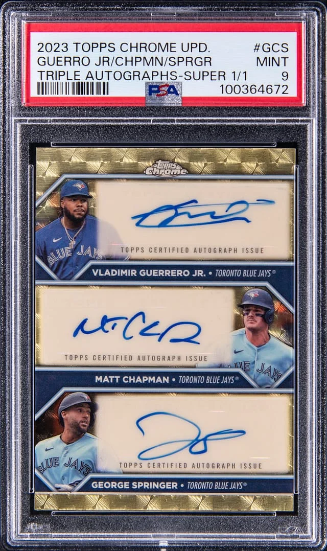 2023 Topps Chrome Update Vladimir Guerrero Jr./Matt Chapman/George Springer Multi-Signed Triple Autographs SuperFractor #TA-GCS card image