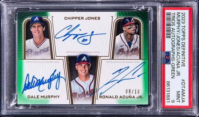 2023 Topps Dale Murphy/Chipper Jones/Ronald Acuna Jr Triple Definitive Trios Autographs Green #DTA-MJA card image