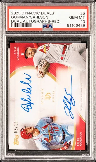 2023 Topps Dylan Carlson/Nolan Gorman Dynamic Duals Dual Autographs Red #5A card image
