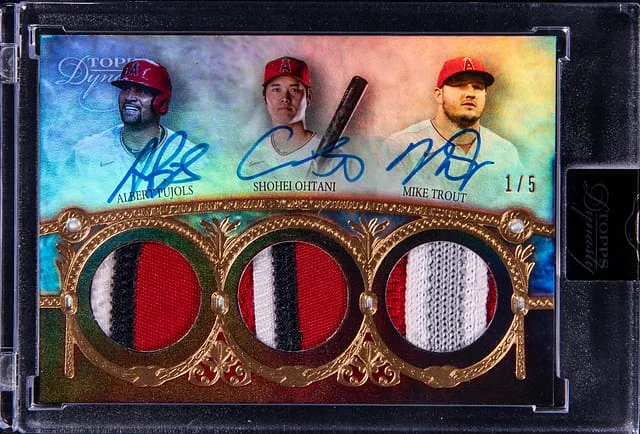 2023 Topps Dynasty Albert Pujols/Mike Trout/Shohei Ohtani Multi-Signed Game-Used Triple Autograph Patch #TAP-AP card image