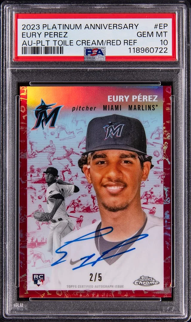2023 Topps Eury Perez Platinum Anniversary Autograph Platinum Toile Cream Red Refractor #CPA-EP card image