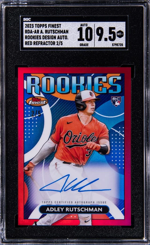 2023 Topps Finest Adley Rutschman Rookies Design Autographs Red Refractor #RDA-AR card image
