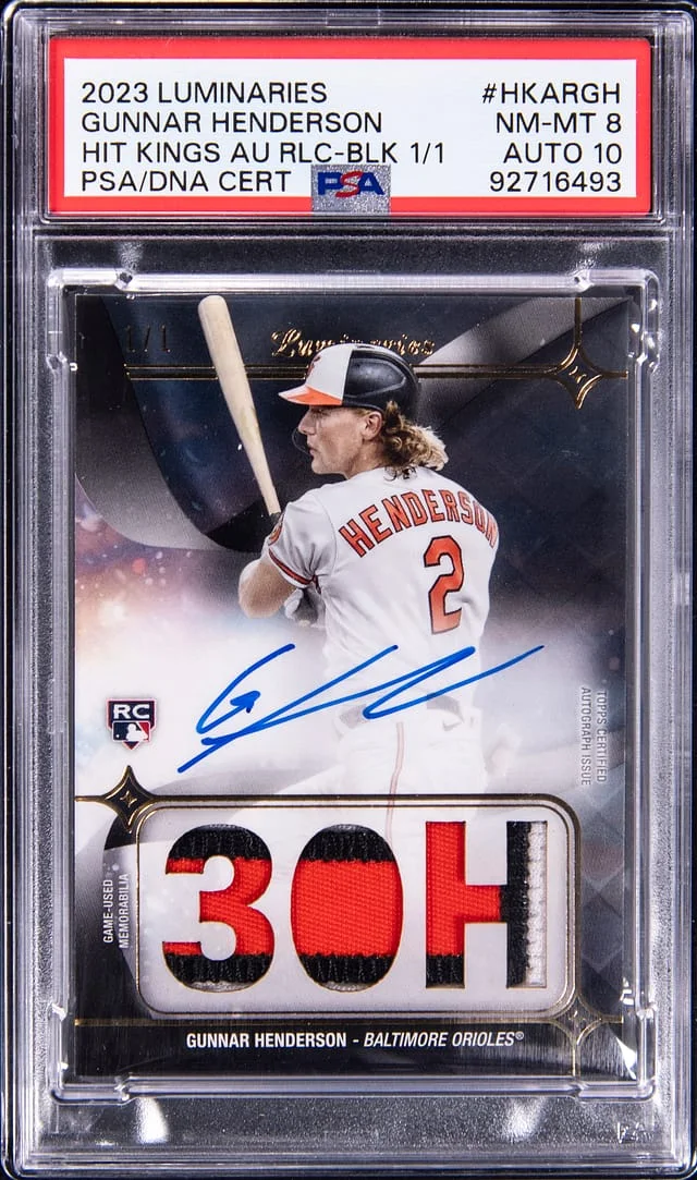 2023 Topps Gunnar Henderson Luminaries Hit Kings Autograph Relic Black 1/1 #HKARGH card image