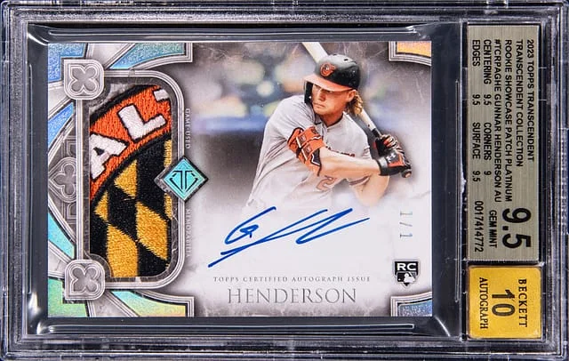 2023 Topps Gunnar Henderson Transcendent Collection Showcase Patch Autographs Platinum #TCRPA-GHE card image