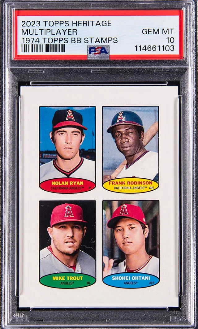 2023 Topps Heritage '74 Topps BB Stamps Nolan Ryan/Frank Robinson/Mike Trout/Shohei Ohtani #no-number card image