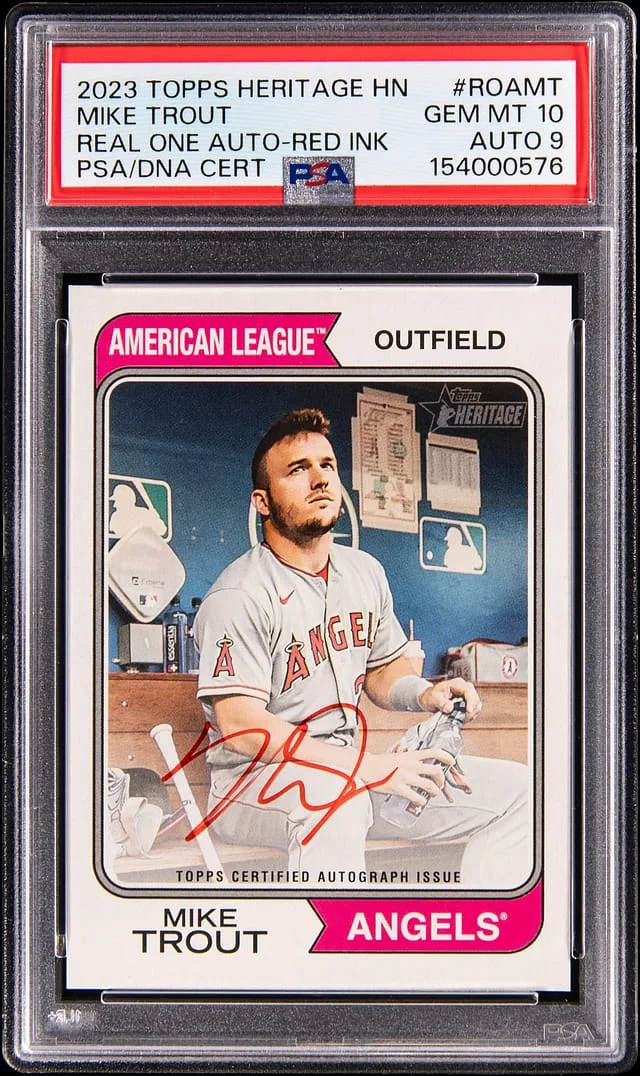 2023 Topps Heritage Mike Trout Real One Autograph Red Ink #ROA-MT card image